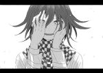  1boy bangs checkered_clothes checkered_scarf crying danganronpa_(series) danganronpa_v3:_killing_harmony flipped_hair greyscale hair_between_eyes hands_on_own_face highres letterboxed long_sleeves looking_at_viewer monochrome nikuniku_ore open_mouth ouma_kokichi portrait scarf solo tears teeth tongue white_background 