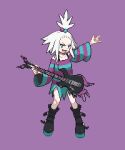  1girl 4091 :d bass_guitar black_footwear boots commentary_request dress freckles full_body hair_bobbles hair_ornament holding holding_instrument instrument looking_at_viewer open_mouth outstretched_arm pixel_art platform_boots pokemon pokemon_(game) pokemon_bw2 purple_background roxie_(pokemon) simple_background smile solo spiky_hair standing striped striped_dress teeth tongue topknot two-tone_dress white_hair 