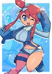  1girl :d blue_background blue_eyes blue_footwear blue_gloves boots border breasts gloves hand_up highres large_breasts looking_at_viewer midriff navel one_eye_closed open_mouth oversized_forearms oversized_limbs pokemon rariatto_(ganguri) redhead skyla_(pokemon) smile solo standing standing_on_one_leg thigh_pouch thigh_strap topknot white_border zoom_layer 