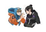  ! 2girls apex_legends bangs black_bodysuit black_hair black_scarf blonde_hair blue_eyes blue_headwear bodysuit breasts bugles bugles_on_fingers claw_pose hair_behind_ear hair_bun highres hood hooded_jacket jacket lightning_bolt_symbol looking_to_the_side medium_breasts multiple_girls renee_shika_egakan scarf spoken_exclamation_mark wattson_(apex_legends) white_background wraith_(apex_legends) 