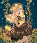  1girl angel angel_wings black_dress blonde_hair constellation constellation_print dress feerie grey_eyes hat original pale_skin sky star_(sky) star_(symbol) starry_sky swing wings 