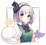  1girl bangs black_bow black_bowtie black_hairband blue_eyes bow bowtie collared_shirt cropped_torso eyebrows_visible_through_hair flower ghost grey_hair hairband konpaku_youmu konpaku_youmu_(ghost) looking_at_viewer moshihimechan puffy_short_sleeves puffy_sleeves shirt short_hair short_sleeves solo touhou 