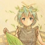  1girl antennae aqua_hair blush brown_eyes butterfly_wings closed_mouth commentary dress eternity_larva fairy hair_between_eyes kakera_(comona_base) leaf leaf_on_head lowres multicolored_clothes multicolored_dress short_hair short_sleeves single_strap solo touhou traditional_media upper_body wings 