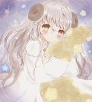 1girl animal_ears brown_eyes crescent_moon dress feerie horns jewelry looking_at_viewer moon necklace nightgown object_hug original pale_skin sheep sheep_ears sheep_girl sheep_horns silver_hair sky solo star_(sky) star_(symbol) starry_sky white_dress 