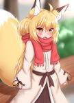  1girl ahoge animal_ear_fluff animal_ears bangs beige_dress blonde_hair blush cowboy_shot dress eyebrows_visible_through_hair fang fox_ears fox_girl fox_tail hair_between_eyes highres horokusa_(korai) japanese_clothes korai_(horokusa) long_dress long_hair long_sleeves looking_at_viewer open_mouth orange_eyes original red_scarf scarf solo standing tail tail_raised wide_sleeves 