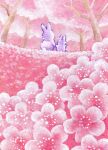  acrylic_paint_(medium) animal animal_focus chibi commentary_request ears_up field floral_background flower flower_field highres holding_hands mother_and_daughter no_humans original painting_(medium) pink_flower rabbit sinsousui traditional_media tree 