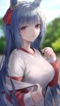  1girl absurdres animal_ears bangs blue_hair blunt_bangs blurry blurry_background blush braid breasts commentary_request crown_braid day depth_of_field ear_ornament eyebrows_visible_through_hair gym_shirt hibimaru highres horse_ears jacket large_breasts long_hair long_sleeves looking_at_viewer mejiro_ardan_(umamusume) off_shoulder open_clothes open_jacket outdoors parted_lips red_jacket shirt sweat track_jacket umamusume undressing upper_body very_long_hair violet_eyes white_shirt 