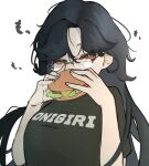  1girl amagami_rui bangs black_shirt breasts burger eating eyebrows_behind_hair food glasses highres holding holding_food indie_virtual_youtuber large_breasts long_hair looking_at_viewer looking_to_the_side mutou_morpheus portrait shirt solo t-shirt virtual_youtuber white_background 