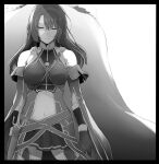  1boy 1girl back-to-back black_border border breasts cape closed_eyes clothing_cutout detached_sleeves faker_(lord_el-melloi_ii_case_files) fate/grand_order fate_(series) gloves greyscale iskandar_(fate) lord_el-melloi_ii_case_files monochrome navel short_sword skirt stomach_cutout sword syatey weapon white_background 