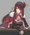  1girl anhmaruwu beidou_(genshin_impact) breasts brown_hair capelet cup elbow_gloves english_commentary fingerless_gloves fur_trim genshin_impact gloves grey_background holding holding_cup leaning_back long_hair looking_to_the_side medium_breasts one_eye_covered parted_lips red_capelet red_eyepatch red_eyes smile solo 