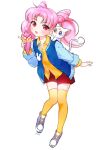  1girl 1other animal_on_shoulder artemis_(sailor_moon) cat cat_on_shoulder chibi_usa crepe food full_body green_eyes highres jacket letterman_jacket long_hair looking_at_viewer pink_hair pita_(ppp) red_shorts shoes shorts simple_background sneakers standing thigh-highs twintails white_background white_cat yellow_legwear 