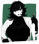  1girl bangs bobbbob breasts cardigan collared_shirt expressionless gloves green_background hand_up holding holding_knife huge_breasts knife lipstick looking_at_viewer makeup medium_hair monochrome original shirt solo swept_bangs wavy_hair 