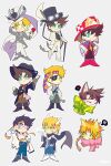  :3 absurdres alternate_costume animal_ears ascot bandana battle_tendency black_eyepatch blonde_hair blue_eyes boots bow bubble_blowing caesar_anthonio_zeppeli cane cat_ears chibi costume_chart denim eyepatch flower formal goggles goggles_on_headwear green_eyes green_scarf hat headband heart heart-shaped_eyewear highres hook_hand jeans jojo_no_kimyou_na_bouken joseph_joestar joseph_joestar_(young) kemonomimi_mode multicolored_clothes multicolored_scarf necktie off_shoulder one_eye_closed padded_coat padded_hat pants pickieeeee pirate pirate_hat rose scarf scarf_bow spoken_heart striped striped_scarf suit suspenders top_hat triangle_print tuxedo vertical-striped_scarf vertical_stripes wrench yellow_scarf 
