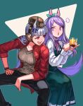  2girls animal_ears black_dress black_pants blue_bow bow bright_pupils brown_headwear brown_shirt character_request check_character cup dress gold_ship_(umamusume) grey_hair hair_bow hand_on_hip hands_up highres holding holding_cup holding_spoon horse_ears horse_tail invisible_chair long_sleeves mejiro_mcqueen_(umamusume) multiple_girls pants pink_eyes pink_ribbon purple_hair red_shirt ribbon shirt sitting spoon tail umamusume violet_eyes white_pupils white_shirt window1228 