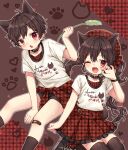  1boy 1girl animal_ears bandaid blush bracelet brown_hair cat_boy cat_ears cat_girl cat_tail checkered_clothes choker fang highres jewelry long_hair matching_outfit one_eye_closed original red_eyes rii_(pixiv11152329) shirt short_shorts shorts siblings side_ponytail skirt tail thigh-highs thighs twins white_shirt 