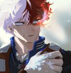  1boy bangs birthday birthday_cake blood blood_on_face blue_eyes blurry blurry_background bodysuit boku_no_hero_academia burn_scar cake character_name costume cryokinesis cuts dated english_text facing_viewer fire food grey_eyes hair_between_eyes hair_blowing happy_birthday harness heterochromia high_collar highres ice injury jumpsuit long_bangs looking_to_the_side male_focus miyam_mi multicolored_hair open_collar parted_lips portrait pyrokinesis redhead scar scar_on_face scratches short_hair solo todoroki_shouto two-tone_hair vambraces white_hair 