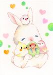  :3 animal animal_focus bird chibi chibi_on_head closed_eyes closed_mouth commentary_request ears_up friends heart highres holding hug no_humans on_head original painting_(medium) rabbit simple_background sinsousui sitting traditional_media watercolor_(medium) white_background 