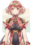  1girl bangs breasts chest_jewel commentary_request covered_navel cowboy_shot earrings eyebrows_visible_through_hair headpiece highres jewelry looking_at_viewer okurasato pyra_(xenoblade) red_eyes redhead short_hair smile solo swept_bangs tiara xenoblade_chronicles_(series) xenoblade_chronicles_2 