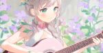  1girl blue_eyes blush braid dress flower guitar hanakaze_rin highres indie_virtual_youtuber instrument long_hair looking_to_the_side nprmtp pale_skin silver_hair sleeveless solo virtual_youtuber 