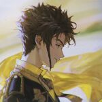  1boy alzi_xiaomi black_hair blurry blurry_background braid cape character_request chromatic_aberration copyright_request green_eyes highres male_focus parted_lips profile signature smile solo uniform upper_body yellow_cape 