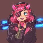  1girl :d apex_legends bangs black_gloves black_headwear black_jacket black_lips blue_eyes brown_background cyber_punked_wattson eyepatch gloves highres horns jacket lipstick makeup marugotti official_alternate_costume one_eye_covered open_mouth pink_hair pointing pointing_up portrait smile solo spikes wattson_(apex_legends) 