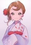  1girl brown_eyes brown_hair character_request closed_mouth flower hair_bun hair_flower hair_ornament hairstyle_request japanese_clothes kimono koi looking_at_viewer mono_(mono_zzz) obiage print_kimono short_hair smile solo upper_body 