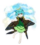  1girl antennae aqua_hair barefoot blush butterfly_wings dress eternity_larva eyebrows_visible_through_hair fairy full_body green_dress hair_between_eyes kyuu_(zyun193) leaf leaf_on_head multicolored_clothes multicolored_dress open_mouth orange_eyes outstretched_arms short_hair short_sleeves single_strap smile solo spread_arms touhou wings 