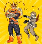  2boys arm_guards beard belt blonde_hair bodysuit bodysuit_under_clothes boku_no_hero_academia boots burn_scar costume crossed_arms emphasis_lines endeavor_(boku_no_hero_academia) eye_mask facial_hair facial_mark feathered_wings feathers fingerless_gloves fire full_body fur-trimmed_jacket fur_trim gloves goatee grin hawks_(boku_no_hero_academia) headphones jacket kadeart legs_apart long_bangs looking_at_viewer male_focus mature_male multiple_boys muscular muscular_male mustache pyrokinesis red_feathers red_wings redhead rimless_eyewear scar scar_across_eye scar_on_cheek scar_on_face scar_on_mouth serious short_hair sideburns skin_tight smile spiky_hair stubble superhero sweatdrop thighs tinted_eyewear twitter_username vambraces wings yellow_background 