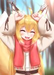  1girl :3 :d ahoge animal_ear_fluff animal_ears antlers arms_up bangs beige_dress blonde_hair blurry blurry_background blush breath closed_eyes eyebrows_visible_through_hair fang fox_ears fox_girl fox_tail hair_between_eyes highres holding holding_stick horokusa_(korai) korai_(horokusa) long_hair long_sleeves original red_scarf scarf shiny shiny_hair smile solo standing stick tail tail_raised upper_body wide_sleeves 