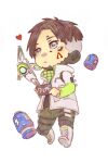  1boy apex_legends bakureto~u_onigiri black_eyes black_hair black_pants boots cellphone character_name chibi crypto_(apex_legends) drone hack_(apex_legends) heart highres holding holding_phone jacket looking_up male_focus pants parted_hair phone smartphone solo undercut white_background white_footwear white_jacket 