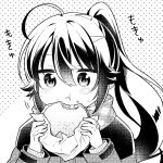  1girl :t ahoge bangs blush burger chewing closed_mouth eating fast_food food food_on_face food_wrapper greyscale hair_between_eyes halftone halftone_texture hands_up high_ponytail highres holding holding_food jaggy_lines layered_sleeves long_hair long_sleeves looking_at_viewer monochrome motion_lines no_nose official_art polka_dot polka_dot_background ponytail shiawase_toriming solo sound_effects tokiniwa_tsubasa upper_body warabimochi_kinako white_background 