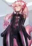  1girl animal_ear_fluff animal_ears black_bodysuit bodysuit breasts eyewear_strap fate/grand_order fate_(series) fox_ears fox_girl fox_tail glasses grey-framed_eyewear highres kilye_kairi koyanskaya_(fate) latex latex_bodysuit long_hair medium_breasts nd_order pink_hair rectangular_eyewear skin_tight solo tail tamamo_(fate) yellow_eyes 