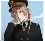  1girl artist_name azur_lane bangs black_headwear cigarette_holder darkpulsegg eyebrows_visible_through_hair hand_on_own_cheek hand_on_own_face hat jean_bart_(azur_lane) long_hair looking_down military military_hat military_uniform open_mouth pink_hair red_eyes simple_background smoke smoking solo uniform upper_body 