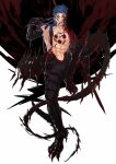  1boy abs black_gloves black_pants blood blood_in_hair blood_on_face blue_hair bodypaint claws cliff_(42961931) collarbone cu_chulainn_(fate) cu_chulainn_alter_(fate/grand_order) dark_persona earring_removed elbow_gloves facepaint fang fate/grand_order fate_(series) full_body gae_bolg_(fate) gloves highres injury knee_up long_hair looking_at_viewer male_focus monster_boy muscular muscular_male navel one_eye_closed pants red_eyes sharp_teeth simple_background skin_tight smile solo spikes spiky_hair tail teeth topless_male white_background 