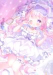  1girl animal_ears bell blush candy cat_ears cat_girl cat_tail collar dress food hand_mirror heart highres lolita_fashion lollipop looking_up lying mirror neck_bell omochi_monaka on_back on_bed one_eye_closed original pale_skin pastel_colors pink_hair tail tired violet_eyes 