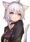 1girl absurdres ahoge animal_ear_fluff animal_ears artist_name black_choker black_jacket cat_ears cat_tail choker commentary eyebrows_visible_through_hair hair_between_eyes highres hololive jacket long_hair long_sleeves looking_at_viewer nekomata_okayu purple_hair short_hair simple_background skoll_world solo symbol-only_commentary tail upper_body violet_eyes virtual_youtuber white_background 