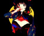  1girl black_background black_eyes black_hair blood blood_on_face bobbbob chest_tattoo china_dress chinese_clothes clothing_cutout dress hand_up jacket jacket_partially_removed looking_at_viewer original tattoo twintails upper_body wavy_hair wide-eyed 