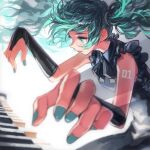  1girl aqua_hair aqua_nails black_gloves bridal_gauntlets collared_shirt floating_hair frilled_shirt frills gloves hatsune_miku highres instrument parted_lips piano profile shirt sleeveless sleeveless_shirt solo twintails upper_body vocaloid white_background window1228 