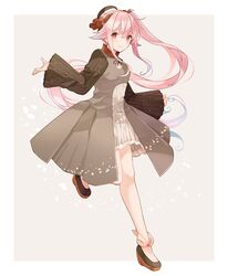  1girl alternate_costume black_footwear black_headwear blush border closed_mouth dress eyebrows_visible_through_hair full_body grey_dress hair_between_eyes harusame_(kancolle) hat kantai_collection long_hair long_sleeves pink_eyes pink_hair shakemi_(sake_mgmgmg) side_ponytail sidelocks smile solo white_border wide_sleeves 