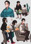  black_hair black_pants blue_shirt bottle brown_pants cactus chair collared_shirt copyright_request food glasses green_pants heart highres holding holding_food holding_plate long_sleeves pants plant plate potted_plant red_legwear shirt short_hair sitting socks table window1228 