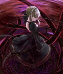  1girl absurdres artoria_pendragon_(all) black_footwear black_skirt blonde_hair breasts cleavage clouds cloudy_sky dark_excalibur excalibur_morgan_(fate) eyebrows_visible_through_hair fate/grand_order fate/stay_night fate_(series) formal full_body high_heels highres long_skirt long_sleeves medium_breasts outdoors outstretched_arm saber_alter shrug_(clothing) sideboob skirt skirt_suit sky solo standing suit sword tied_hair weapon yagi5art yellow_eyes 