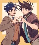  2boys battle_tendency blue_eyes brown_hair heart heart_hands heart_hands_duo jacket jojo_no_kimyou_na_bouken jonathan_joestar joseph_joestar joseph_joestar_(young) multiple_boys necktie phantom_blood quilted_coat red_jacket son_(skvnmn0) sweater_vest 