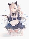  1girl animal_ears apron blonde_hair blue_eyes blush bow cat_ears cat_girl cat_tail fang garter_straps highres long_sleeves looking_to_the_side maid maid_apron maid_headdress nig_18 original pale_skin tail thigh-highs 