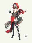  1girl animal_ears aqua_eyes bare_shoulders beige_background black_footwear black_gloves brown_collar capelet collar collarbone corset fufu_(fufuichi04) garter_straps gloves grey_hair grey_legwear high_heels highres hood hood_up little_red_riding_hood little_red_riding_hood_(grimm) long_hair muzzle original pantyhose red_capelet signature simple_background single_thighhigh standing tail thigh-highs torn torn_capelet torn_clothes torn_legwear wolf_ears wolf_girl wolf_tail 