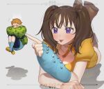  1boy 1girl :p bangs blonde_hair blush boots brown_hair diane_(nanatsu_no_taizai) eyebrows_visible_through_hair floating flying_sweatdrops giant giantess gloves grey_background high_collar king_(nanatsu_no_taizai) lying mono_(mono_zzz) nanatsu_no_taizai object_hug on_stomach pillow pillow_hug poking simple_background single_glove size_difference sweatdrop tongue tongue_out twintails v-shaped_eyebrows violet_eyes 