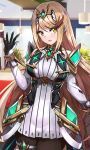  absurdres bangs bare_shoulders black_legwear blonde_hair breasts chest_jewel dress earrings elbow_gloves gloves highres jewelry large_breasts long_hair mythra_(massive_melee)_(xenoblade) mythra_(xenoblade) nakazou2000 short_dress swept_bangs thigh_strap tiara very_long_hair white_dress white_gloves xenoblade_chronicles_(series) xenoblade_chronicles_2 yellow_eyes 