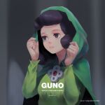  1girl adjusting_clothes artist_name black_eyes black_hair cape closed_mouth collared_cape commentary english_commentary english_text green_cape green_hood green_robe gunppang highres hood hood_up jewelry miranjo ousama_ranking pendant robe solo upper_body 