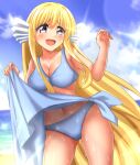  1girl absurdres beach bikini blonde_hair blue_eyes blue_sky breasts clothes_lift clouds collarbone commentary_request commission cowboy_shot day head_fins highres large_breasts long_hair looking_at_viewer maria_(mermaid_melody_pichi_pichi_pitch) mermaid_melody_pichi_pichi_pitch open_mouth outdoors sarong sky smile solo swimsuit underwear white_bikini zanntetu 