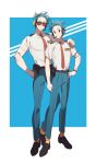  2boys animal_crossing black_eyes blue_hair hand_on_another&#039;s_shoulder headphones headset highres humanization male_focus multiple_boys name_tag necktie orville_(animal_crossing) personification red_necktie shirt son_(skvnmn0) sunglasses white_shirt wilbur_(animal_crossing) 