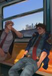  2boys battle_tendency blonde_hair brown_hair caesar_anthonio_zeppeli denim facial_mark feather_hair_ornament feathers hair_ornament hands_in_pockets head_rest jeans jojo_no_kimyou_na_bouken male_focus multiple_boys necktie new_york padded_coat pants sitting suspenders train_interior z.i 